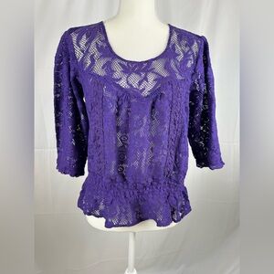 Nine West Vintage America Blouse Women L Purple Lace Cotton Pullover